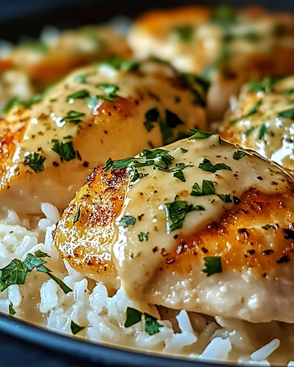 Cremiges Überbackenes Hühnchen und Reis zum Verlieben