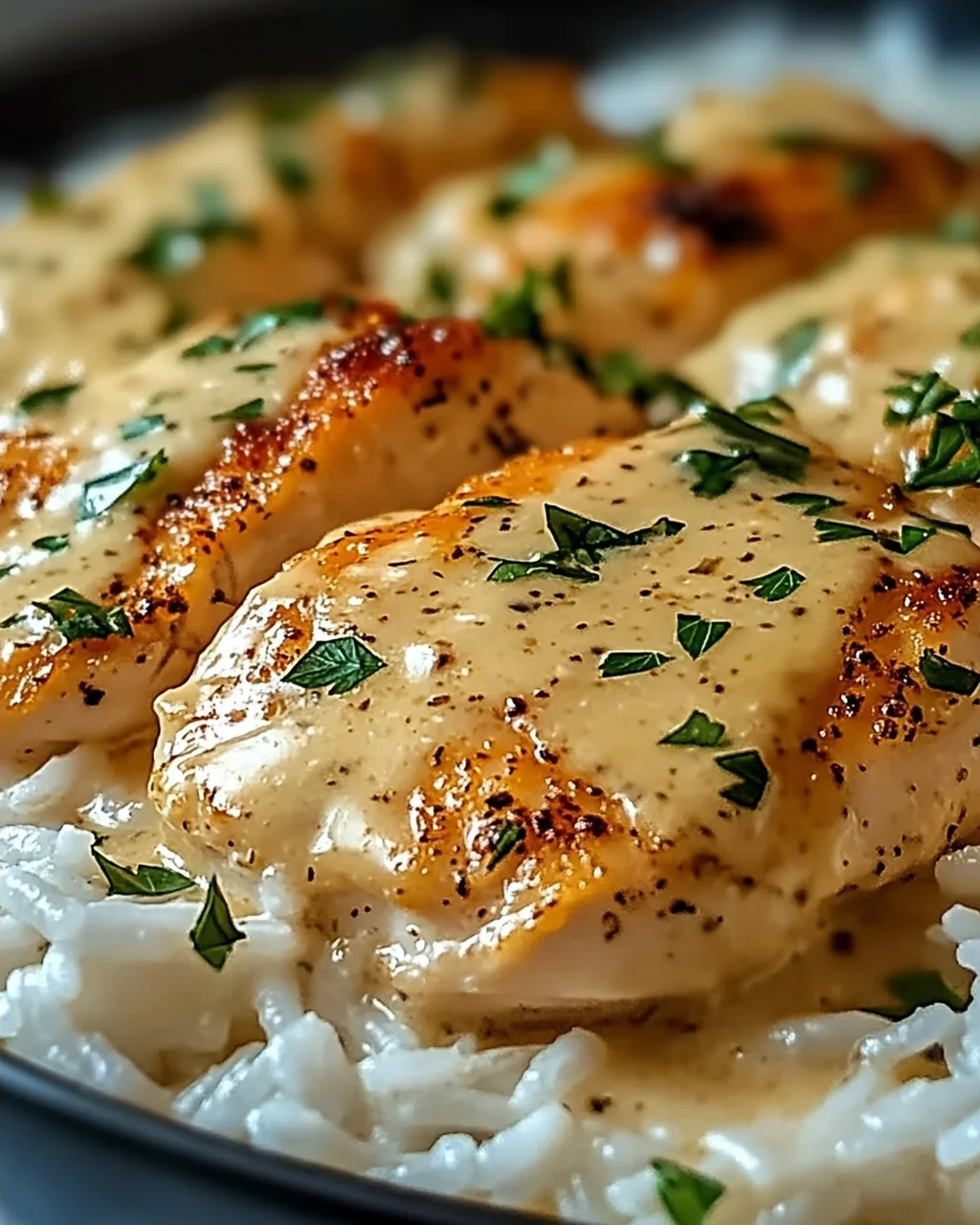 Cremiges Überbackenes Hühnchen und Reis zum Verlieben