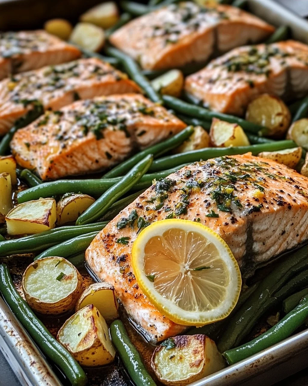Einfaches Blechlachs Rezept mit grünen Bohnen und Kartoffeln