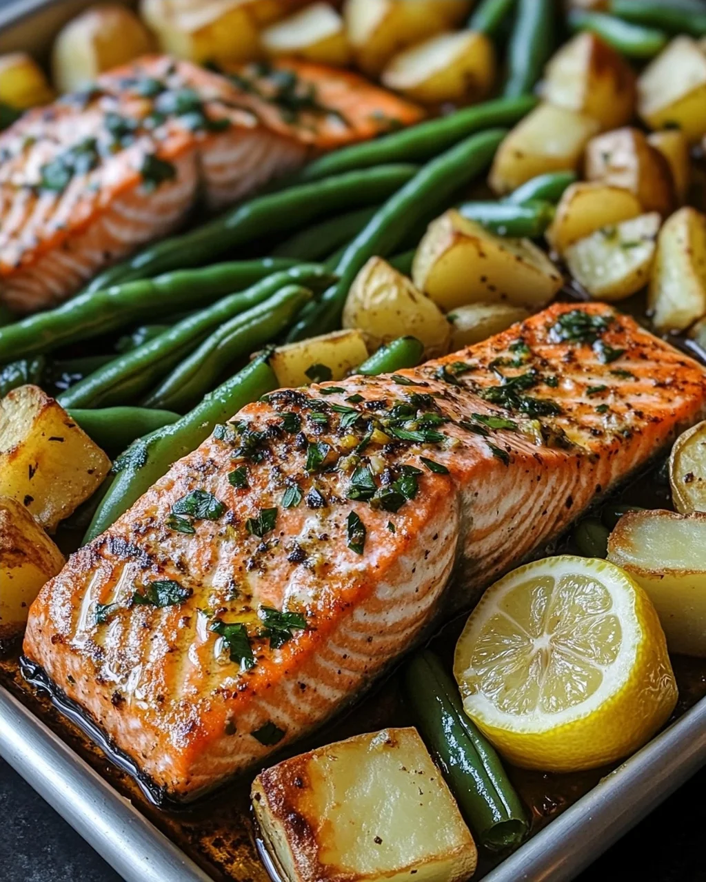 Einfaches Blechlachs Rezept mit grünen Bohnen und Kartoffeln