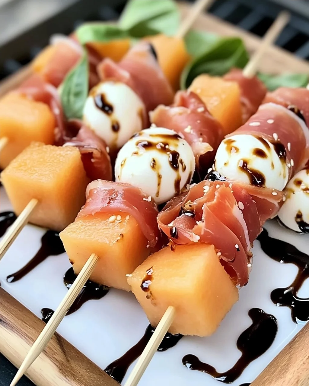 Erfrischende Melonen-, Prosciutto- und Mozzarella-Spieße