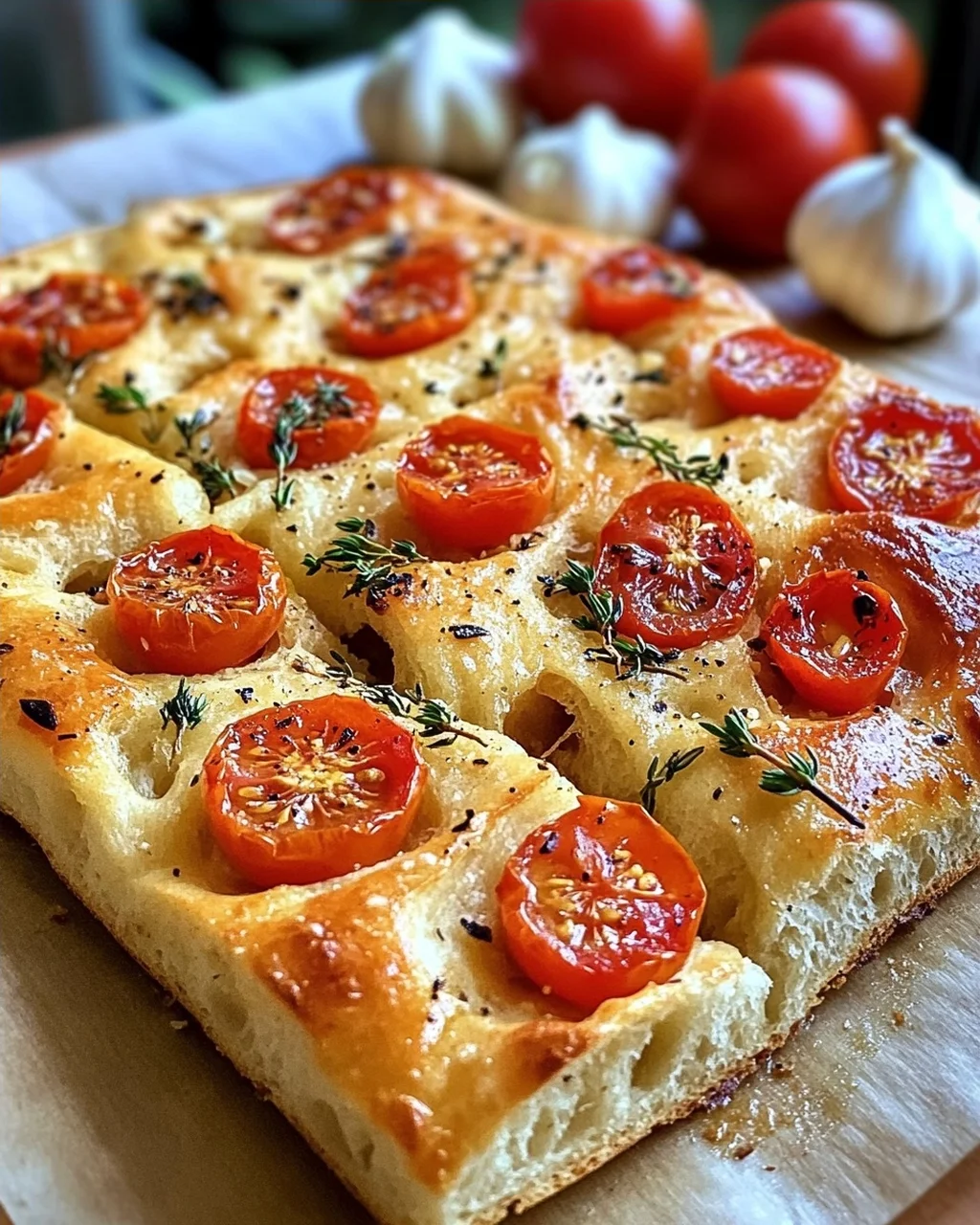Focaccia mit Tomaten, Knoblauch & Thymian