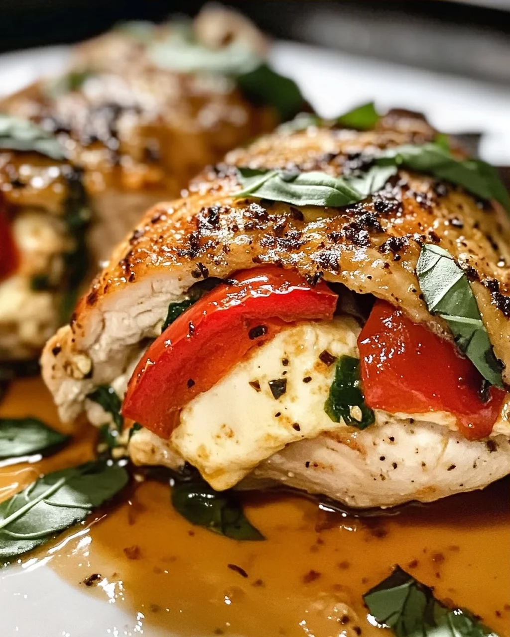 Geröstete rote Paprika und Mozzarella gefülltes Huhn