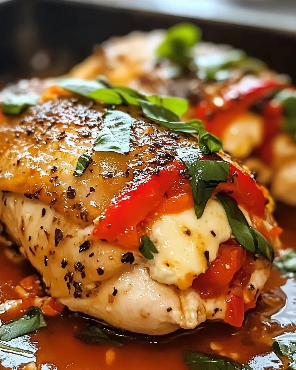 Geröstete rote Paprika und Mozzarella gefülltes Huhn