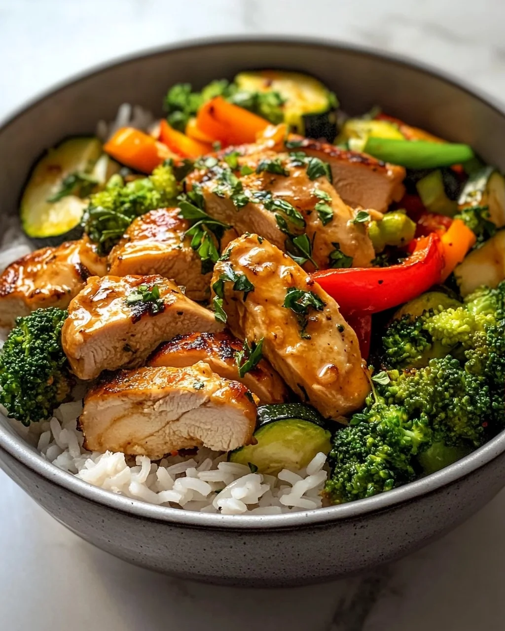 Hähnchen Reis Bowl mit Knoblauchbutter & frischem Gemüse