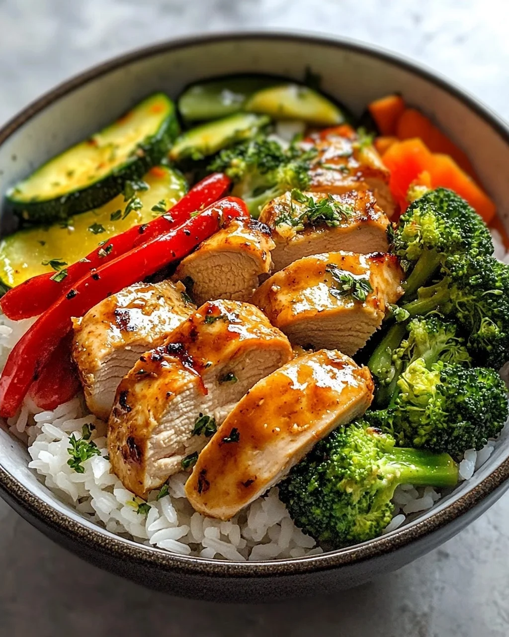 Hähnchen Reis Bowl mit Knoblauchbutter & frischem Gemüse