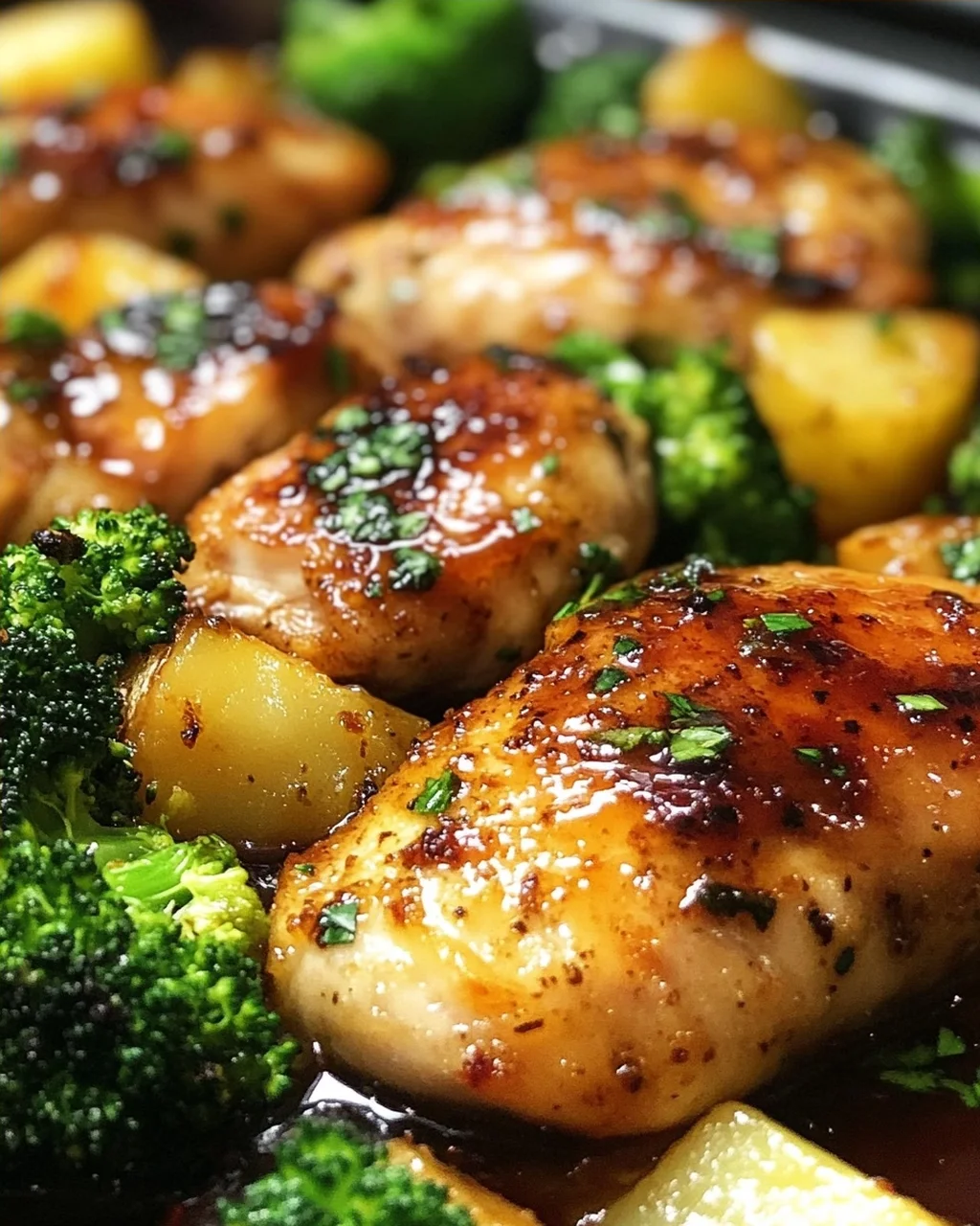 Honig-Knoblauch-Hähnchen mit Brokkoli und Kartoffeln aus dem Ofen