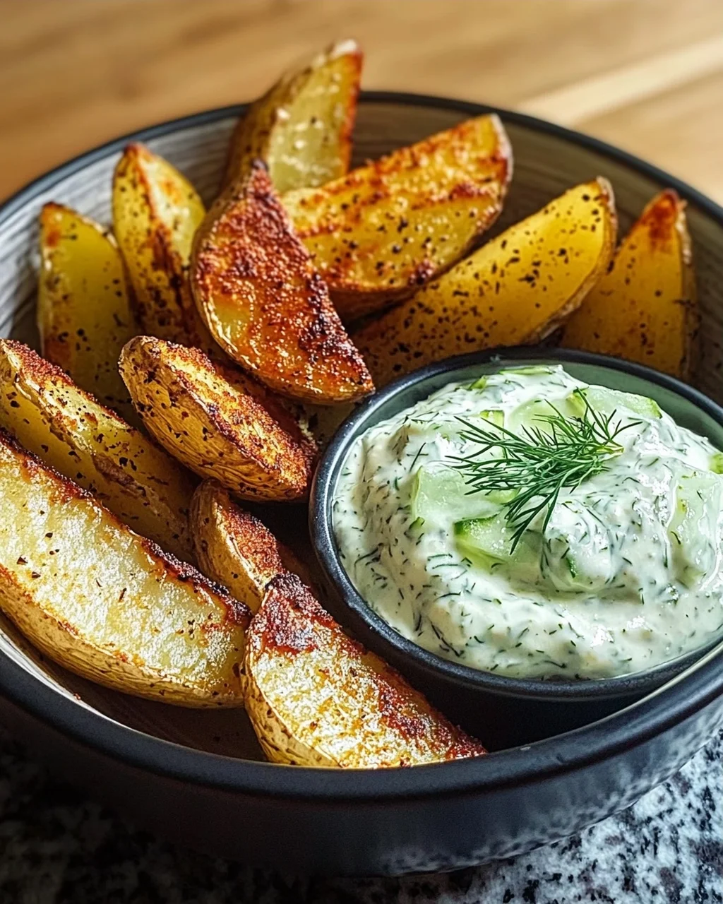 Kartoffelspalten mit Gurkendip