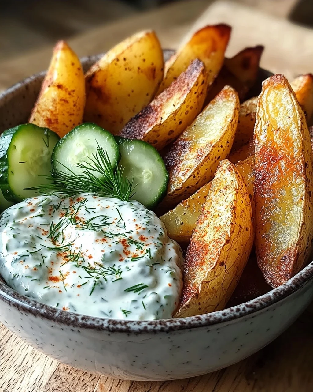 Kartoffelspalten mit Gurkendip