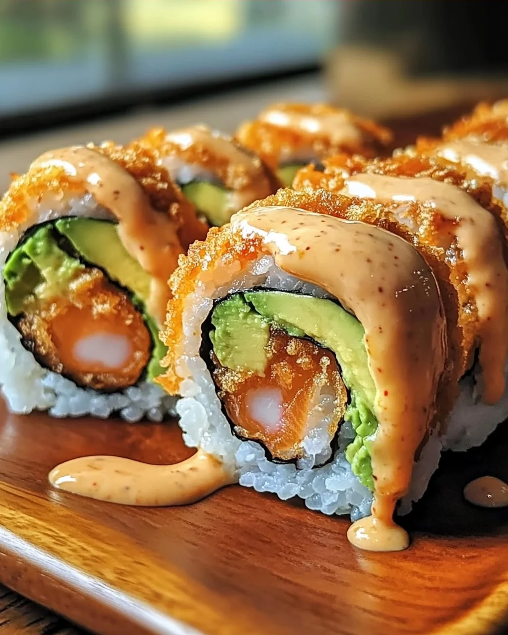 Knusprige frittierte Lachs- und Avocado-Rollen genießen