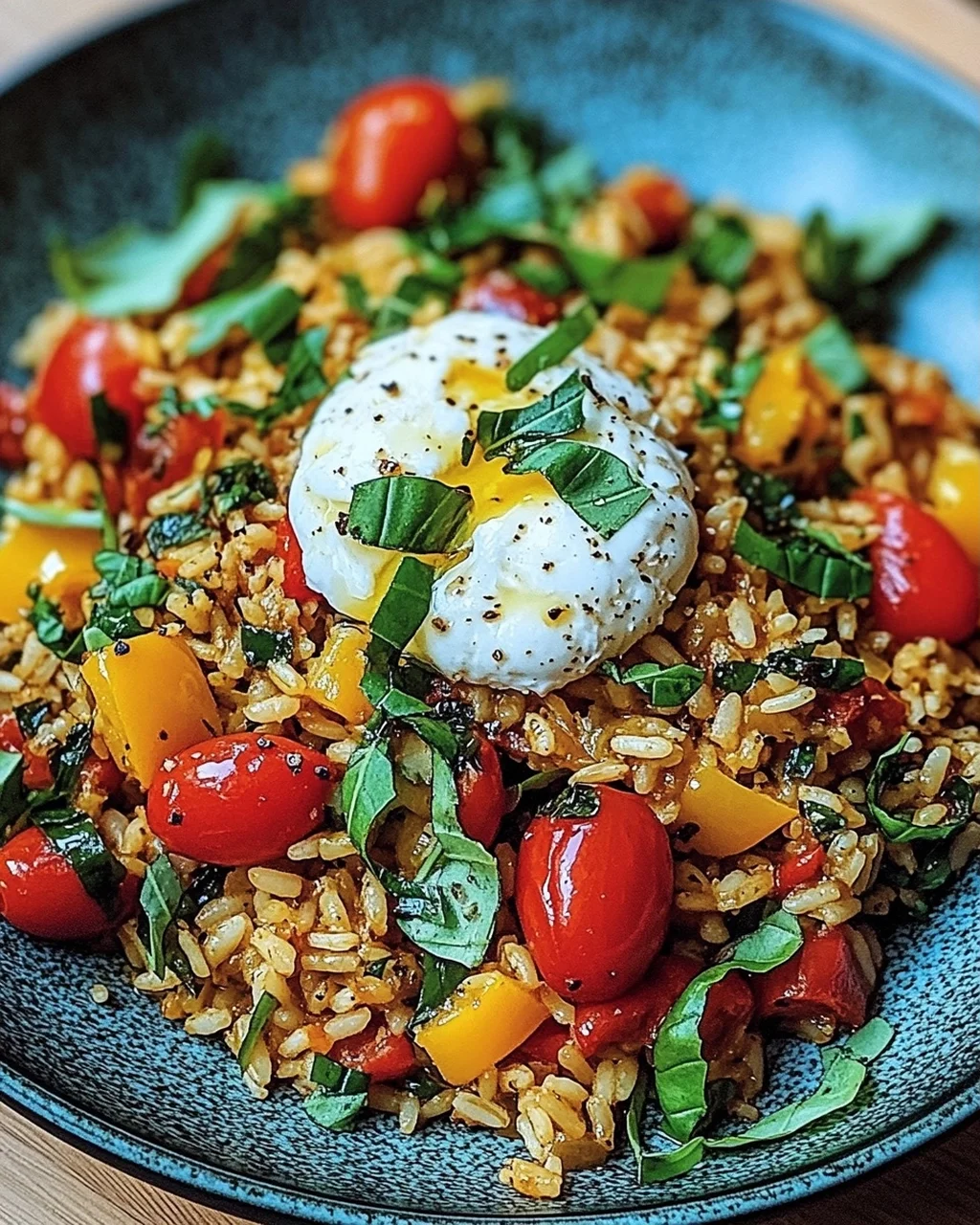 Mediterrane Reispfanne mit Burrata