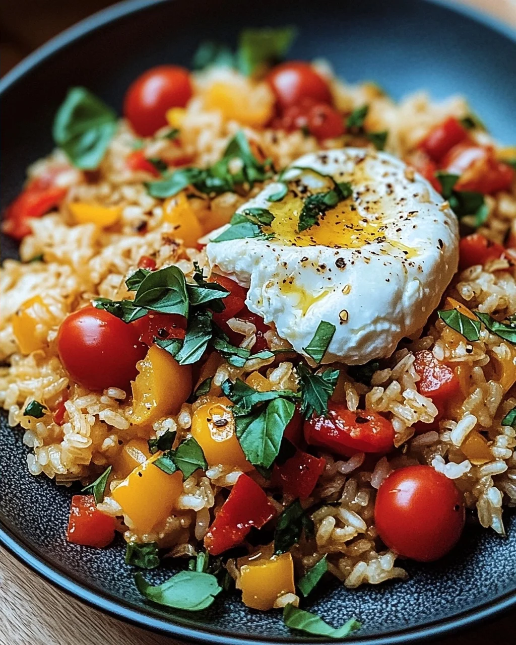 Mediterrane Reispfanne mit Burrata