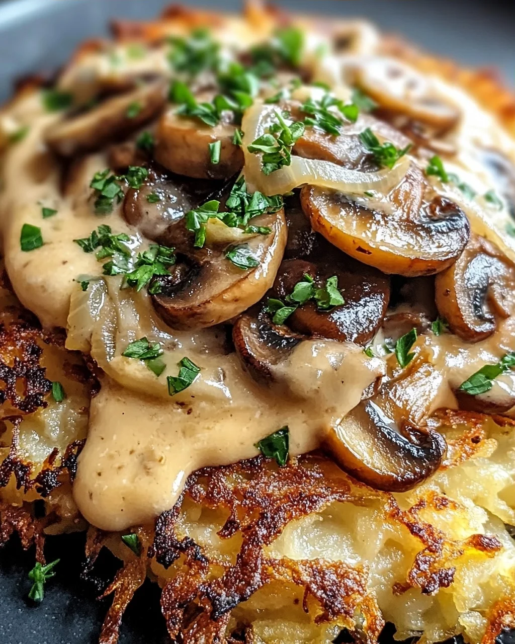 Mozzarella Rösti mit Zwiebel-Pilzrahmsoße