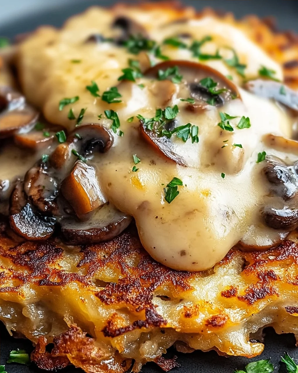 Mozzarella Rösti mit Zwiebel-Pilzrahmsoße