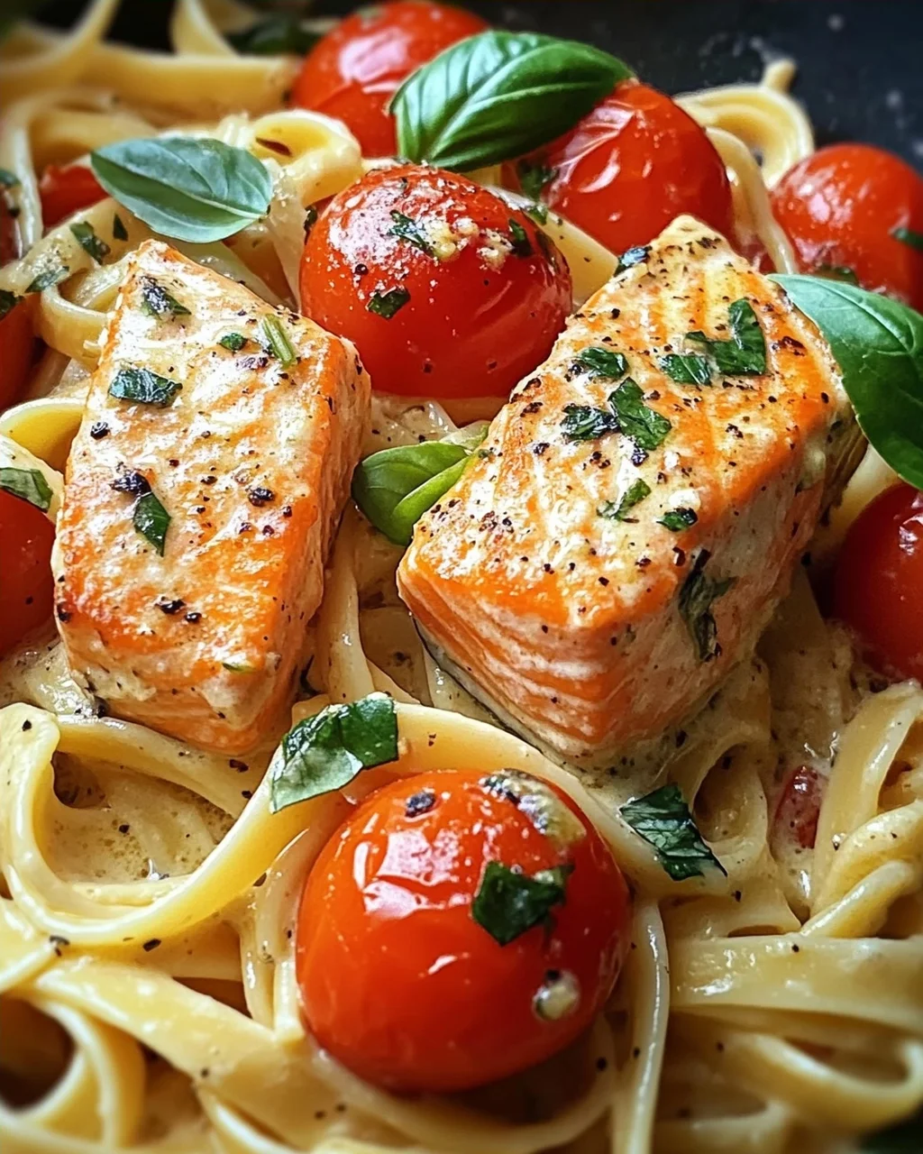Ofen-Lachs-Pasta mit Tomaten