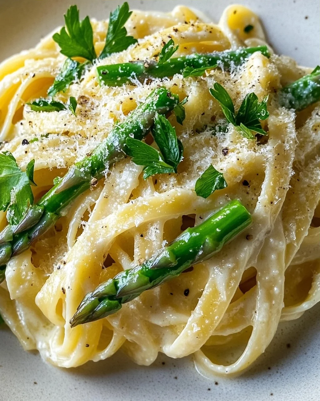 Pasta with Green Asparagus in Lemon Cream and Parmesan