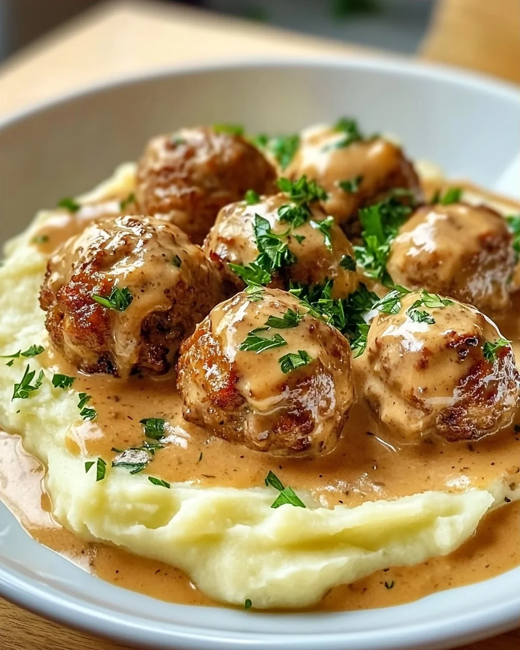 Saftige Hackbällchen in Rahmsauce & cremigem Kartoffelpüree