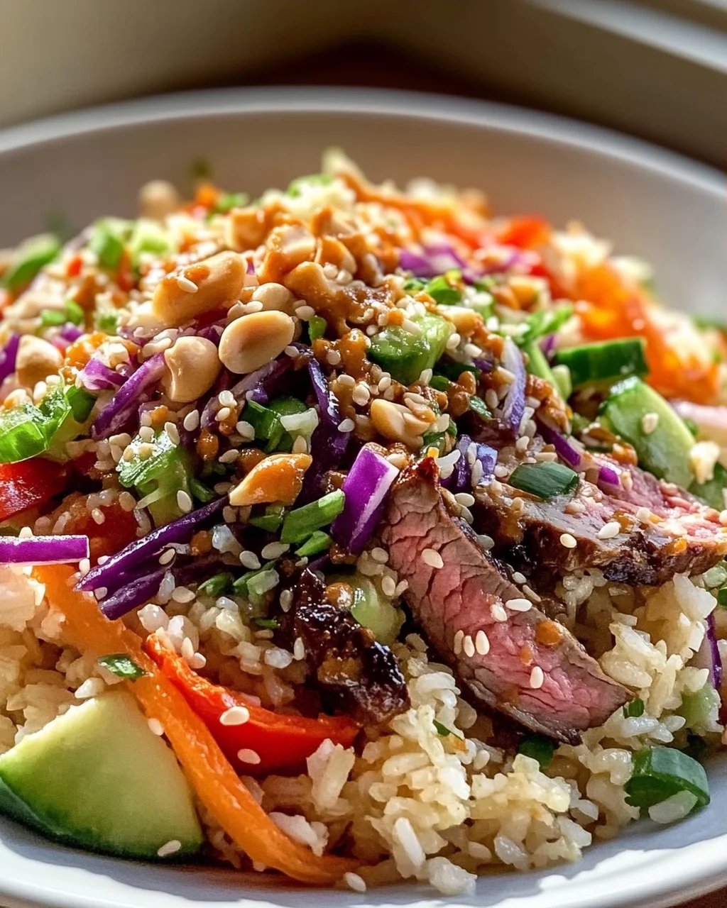 Schneller Knuspriger Reissalat mit Erdnuss-Sesam-Dressing