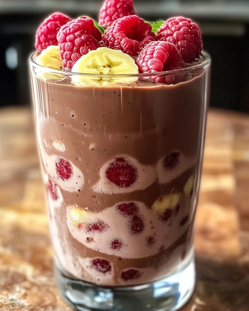 Schokoladen-Bananen-Himbeer-Frühstücksgetränk für den perfekten Start