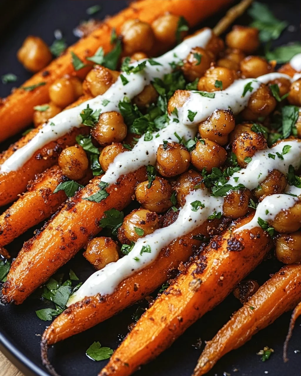 Spicy Maple-Roasted Carrots with Crispy Chickpeas and Yogurt Sauce