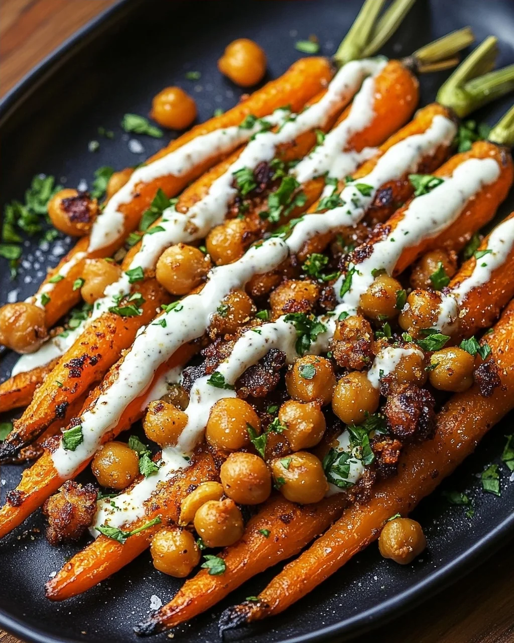 Spicy Maple-Roasted Carrots with Crispy Chickpeas and Yogurt Sauce