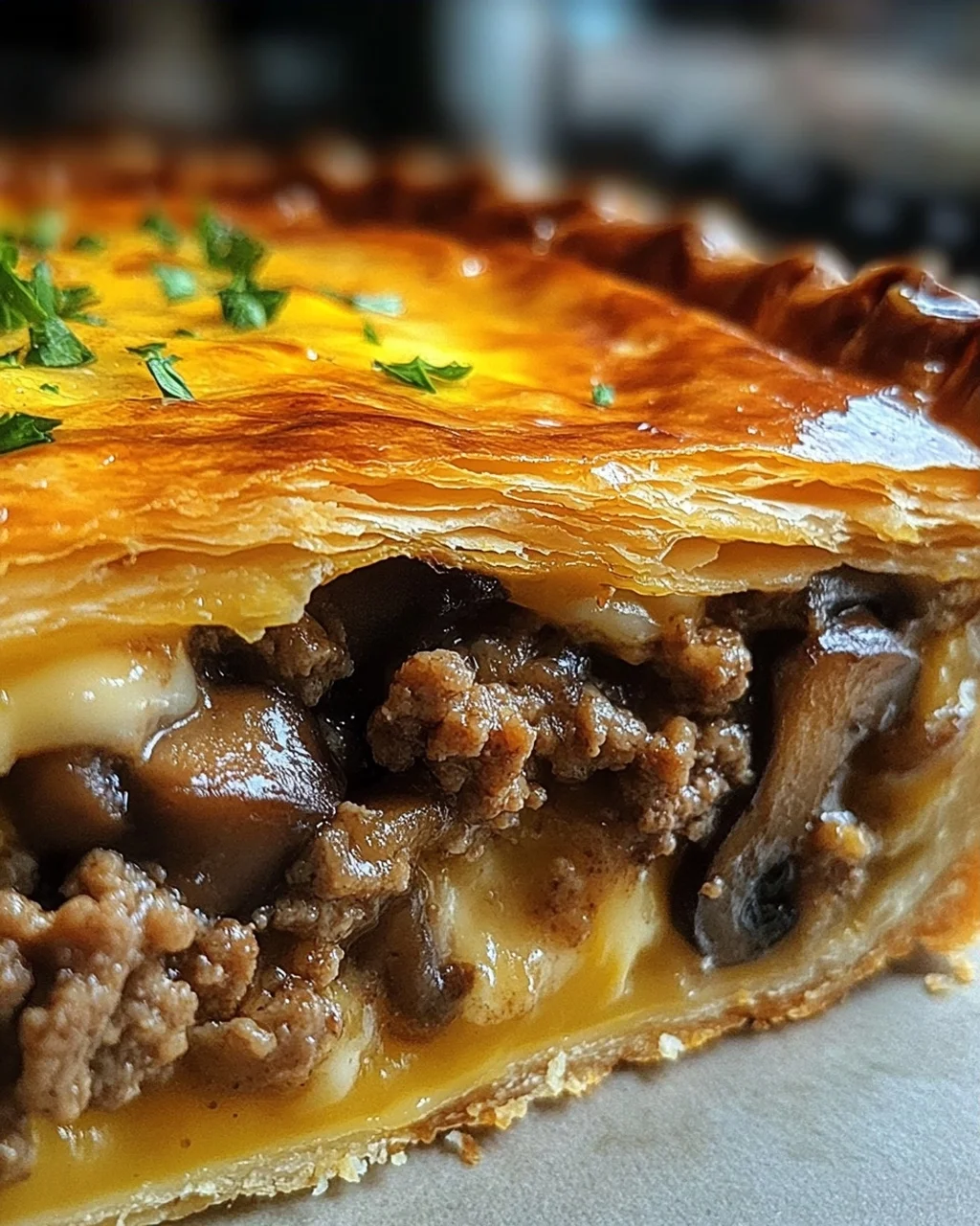 Torte mit Pilzen, Hackfleisch und Käse