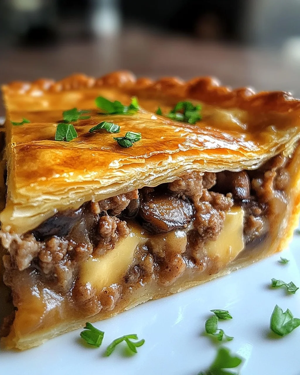 Torte mit Pilzen, Hackfleisch und Käse