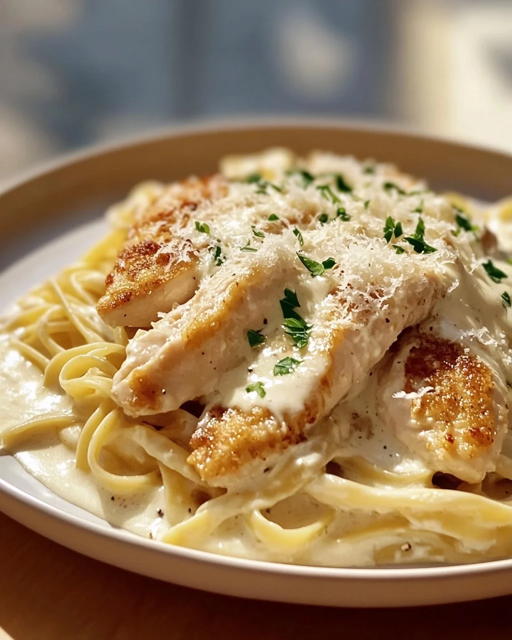 Zarte Hähnchenstreifen mit cremigen Nudeln in Sahnesauce