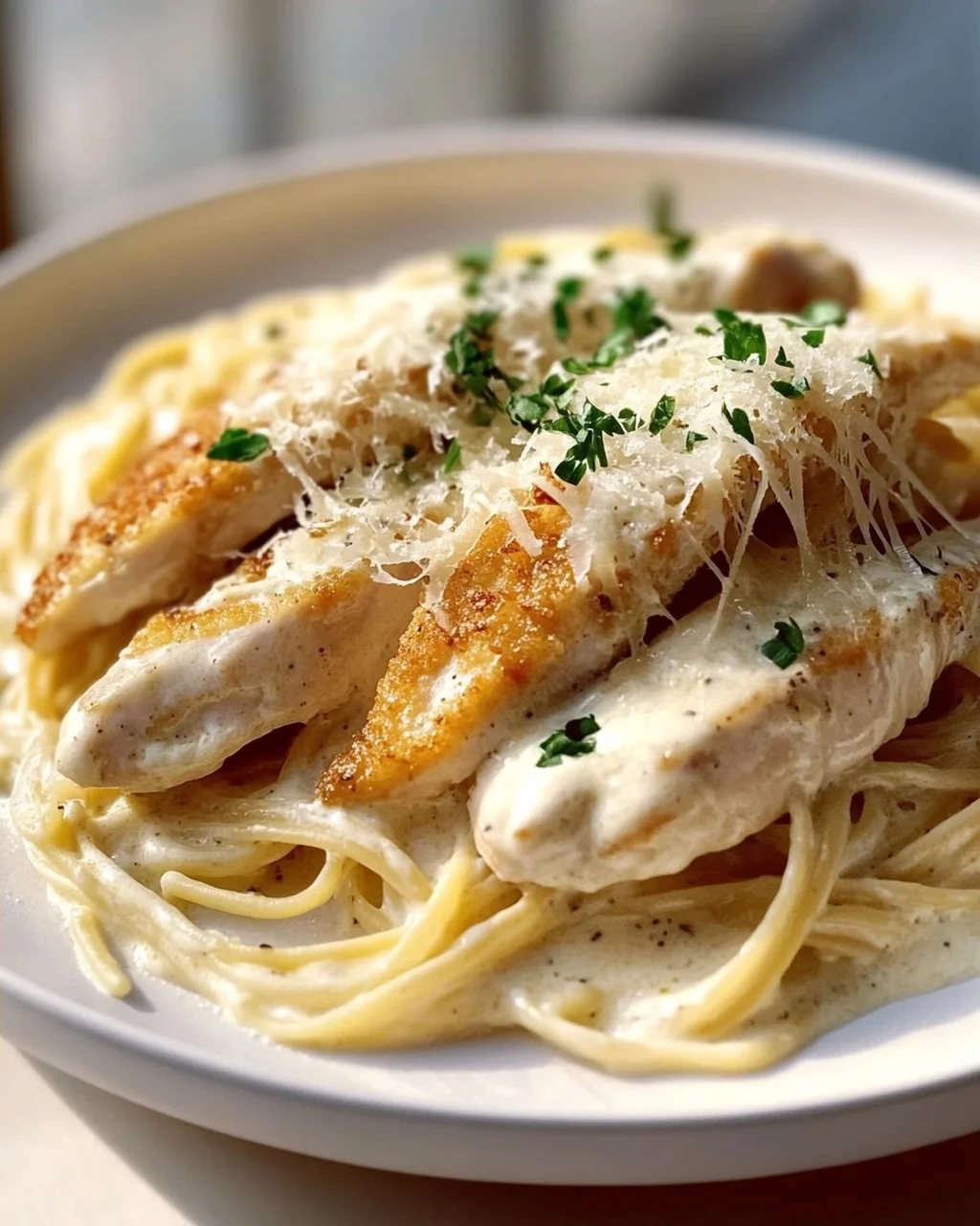 Zarte Hähnchenstreifen mit cremigen Nudeln in Sahnesauce