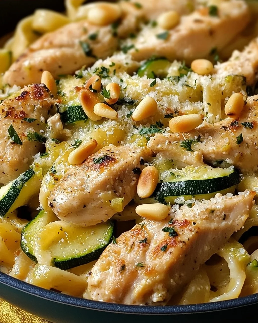 Zucchini Parmesan Pasta mit Hähnchen und Pinienkernen