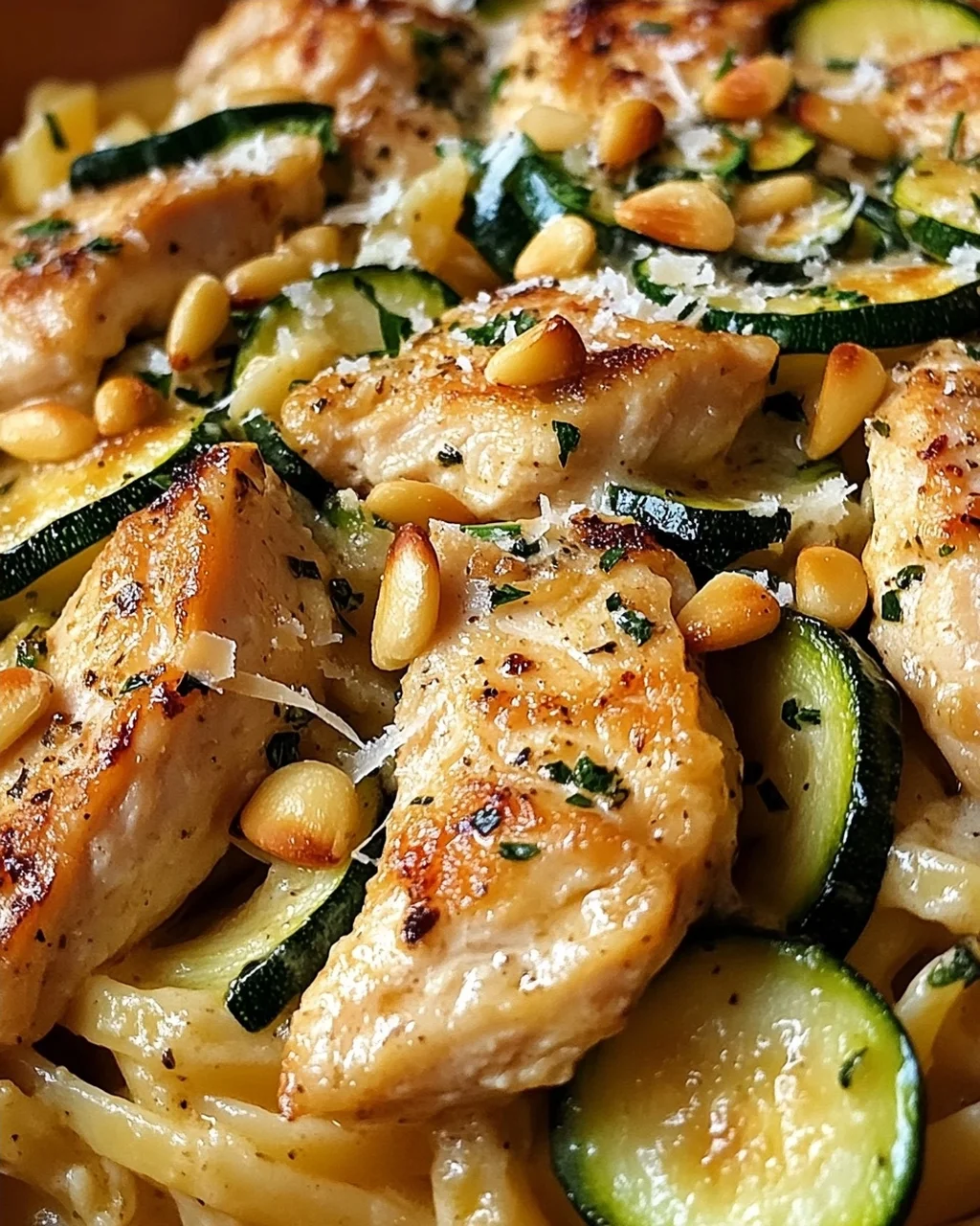 Zucchini Parmesan Pasta mit Hähnchen und Pinienkernen